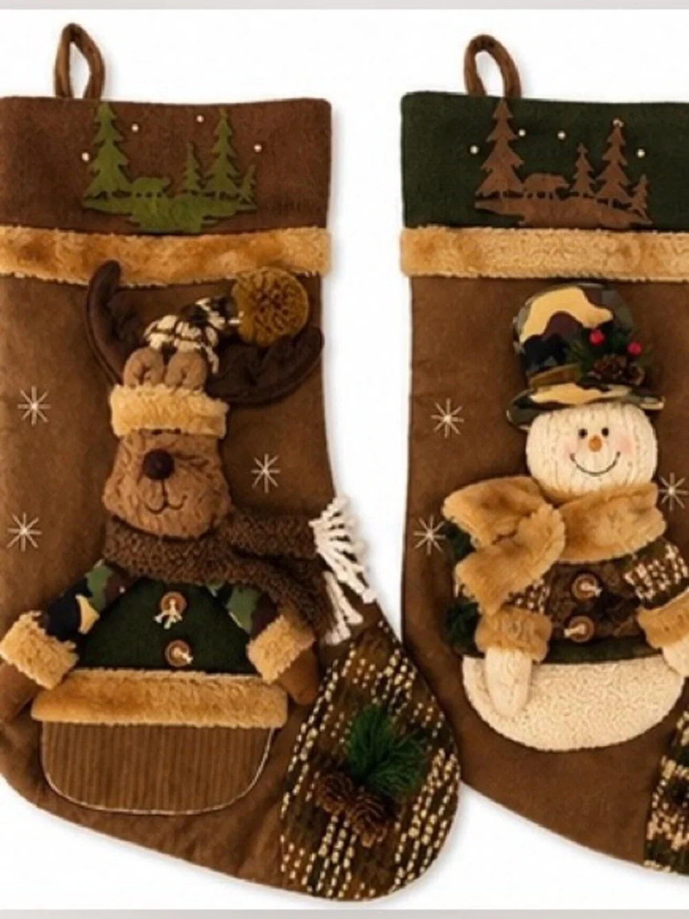 Handmade Rustic Artisan Christmas Stocking Set 2 Woodland Moose & Snowman Luxury